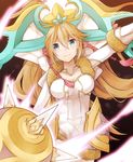  blonde_hair blue_eyes breasts cleavage dress fur_trim gloves headdress horns kurage_(11649021) large_breasts long_hair looking_at_viewer pom_pom_(clothes) puzzle_&amp;_dragons sakuya_(p&amp;d) solo spike_ball spikes white_dress white_gloves 