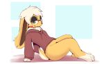 bottomless clothed clothing coffeefly eyewear female glasses hi_res lagomorph leporid mammal rabbit sitting smile solo sweater topwear