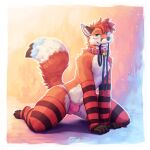 absurd_res anthro arm_socks barechest belvor benjithefox briefs bulge canid canine clothing collar eyewear fox fur girly glasses heterochromia hi_res leash leggings legwear male mammal nerd red_body red_fur solo thick_thighs underwear white_body white_fur