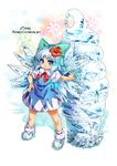  blue_dress blue_eyes blue_hair bow cirno dress flower food hair_bow hair_flower hair_ornament ice ice_cream ice_wings looking_at_viewer puffy_short_sleeves puffy_sleeves shirt short_sleeves silver_hair soft_serve solo touhou umigarasu_(kitsune1963) wings 
