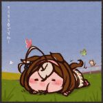  1girl :t ahoge animal_ears black_border blush_stickers border brown_hair bug butterfly cat chibi commentary_request eating hairband horse_ears horse_girl horse_tail huge_ahoge jaggy_lines lying masakappa meisho_doto_(umamusume) meto_(cat) on_grass on_stomach outdoors paper_texture pink_hairband pose_imitation real_life solo_focus tail translation_request umamusume white_hair 