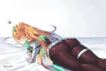  1girl artist_name ass ass_focus bare_shoulders bed black_pantyhose blonde_hair blush breasts commentary dedhed_art dress earrings elbow_gloves embarrassed gloves headpiece jewelry long_hair looking_at_viewer looking_back mythra_(massive_melee)_(xenoblade) mythra_(xenoblade) on_bed pantyhose solo swept_bangs thigh_strap tiara white_dress white_gloves xenoblade_chronicles_(series) xenoblade_chronicles_2 yellow_eyes 