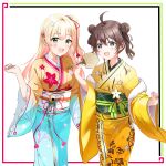  2girls absurdres ahoge alternate_costume blonde_hair blush breasts brown_hair flower green_eyes hair_flower hair_ornament hand_fan highres holding holding_fan hololive japanese_clothes kimono long_hair manicure momosuzu_nene multiple_girls nail_polish natsuiro_matsuri nonbire smile virtual_youtuber 