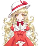  1girl alternate_hair_length alternate_hairstyle blonde_hair bow capelet commentary_request dress elly_(touhou) frilled_sleeves frills hat hat_bow long_hair long_sleeves red_bow red_dress red_ribbon ribbon s-a-murai smile solo touhou touhou_(pc-98) very_long_hair white_background white_capelet white_hat yellow_eyes 