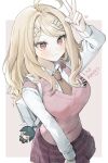  1girl ahoge akamatsu_kaede arm_up blonde_hair breasts collared_shirt dalrye_v3 danganronpa_(series) danganronpa_v3:_killing_harmony hair_ornament heart highres large_breasts long_hair long_sleeves looking_at_viewer musical_note musical_note_hair_ornament necktie open_mouth pink_sweater_vest pleated_skirt saihara_shuichi shirt skirt smile solo sweater_vest v white_shirt 