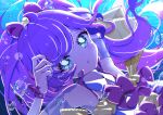  1girl ahoge air_bubble arm_up backlighting blue_background blue_eyes bow bubble commentary_request floating_hair hair_bow hand_up highres idol_clothes long_hair looking_at_viewer manaka_laala milon_cas parted_lips pink_bow pretty_series pripara purple_hair solo sparkle twintails underwater upper_body very_long_hair 