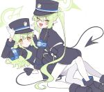  2girls ass black_footwear black_hat black_shirt black_shorts black_skirt blue_archive blush_stickers closed_mouth fang green_hair green_halo halo hat highlander_sidelocks_conductor_(blue_archive) highlander_twintails_conductor_(blue_archive) highres kameria526 long_hair long_sleeves multiple_girls open_mouth pantyhose peaked_cap pleated_skirt shirt shoes shorts simple_background skin_fang skirt smile twintails white_background white_pantyhose yellow_eyes 
