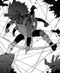  1boy arm_guards arrow_(projectile) bandages bow_(weapon) collarbone dark-skinned_male dark_skin extra_arms greyscale holding holding_arrow holding_bow_(weapon) holding_weapon horns kidoumaru_(naruto) long_hair metric80019 monochrome monster_boy mouth_hold muscular muscular_male naruto naruto_(series) ninja solo_focus string teeth tree weapon 