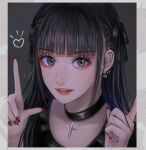  1girl aoaoi ashita_watashi_wa_dareka_no_kanojo black_choker black_hair black_ribbon blunt_bangs border choker commentary_request cross cross_choker ear_piercing eyeshadow grey_background hair_ribbon hands_up highres index_fingers_raised jirai_kei long_hair looking_at_viewer makeup nail_polish piercing portrait red_eyeshadow red_lips red_nails ribbon smile solo sparkle takahashi_yua upper_body 