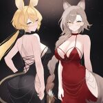  2girls absurdres aliasing animal_ears arknights ass backless_dress backless_outfit bare_shoulders black_background black_dress blonde_hair blush breasts brown_hair brown_tail chain cleavage closed_mouth commentary_request covered_navel cowboy_shot crossed_bangs dorothy_(arknights) dr.lamina dress embarrassed fingernails groin hair_between_eyes halter_dress halterneck highres hip_vent large_breasts light_particles long_hair looking_at_viewer mole_above_eye mole_on_forehead multiple_girls partial_commentary penance_(arknights) red_dress standing tail yellow_eyes 