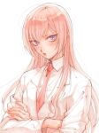  1girl blush collared_shirt crossed_arms highres lab_coat long_hair looking_at_viewer makise_kurisu matsuko_(mrimri3) necktie open_mouth pink_hair purple_eyes red_necktie shirt simple_background solo steins;gate upper_body white_background white_shirt 