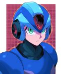  1boy android armor blue_armor blue_helmet close-up english_commentary forehead_jewel green_eyes highres looking_at_viewer mega_man_(series) mega_man_x_(series) retron3tt shoulder_armor solo x_(mega_man) 