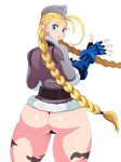  1girl ass blonde_hair blue_eyes cammy_white eric_lowery female hat huge_ass looking_at_viewer looking_back simple_background solo sssonic2 street_fighter white_background 