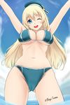  ;d adapted_costume arms_up atago_(kantai_collection) beret bikini blonde_hair blue_eyes fuuma_nagi hat highres kantai_collection long_hair one_eye_closed open_mouth smile solo swimsuit 
