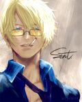  1boy artist_name blonde_hair blue_eyes blue_shirt cigarette commentary_request curly_eyebrows eyes_visible_through_hair facial_hair glass highres male_focus mouth_hold necktie one_piece open_mouth sanji_(one_piece) shirt short_hair signature sj0302 solo teeth 