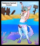 anthozoan balls beach_background black_sclera blue_hair cel_shading claws cnidarian coral corsola dark_nose ear_piercing ear_ring eeveelution ejaculation fusion generation_2_pokemon generation_4_pokemon genitals glaceon hair horn humanoid hybrid intersex jewelry knot long_tail maleherm marine necklace nintendo nipples nude partially_submerged pawpads paws pearl_bracelet penis piercing pink_body pokemon pokemon_(species) pokemon_fusion puppetmaster13uwu ring_piercing shaded solo stretching tail text_box underwater water white_body
