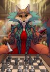 absurd_res alcohol ambiguous_gender anthro arcanaloth_(dnd) beverage blurred_background board_game breasts canid canine casino chair chess chess_board chess_piece clawed_fingers claws clothed clothing container crown cup demon digital_drawing_(artwork) digital_media_(artwork) drinking_glass dungeons_and_dragons duo eye_contact eyebrows eyelashes female female_focus finger_claws first_person_view fox front_view fully_clothed fur furniture glass glass_container glass_cup hasbro headgear hi_res holding_beverage holding_object horn humanoid inside looking_at_another looking_at_viewer mammal medium_breasts orange_body orange_fur patecko planescape_(franchise) red_fox shemeshka_the_marauder_(planescape) sitting smile smirk solo_focus table tiara true_fox wine wine_glass wings wizards_of_the_coast yellow_eyes yugoloth