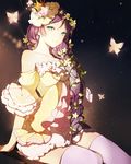  aqua_eyes bare_shoulders breasts bug butterfly dress flower hair_flower hair_ornament hair_over_shoulder hair_vines insect long_hair looking_at_viewer love_live! love_live!_school_idol_project lpip medium_breasts plant purple_hair smile solo thighhighs toujou_nozomi vines 