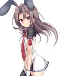  3: amano_kouki animal_ears blush brown_eyes brown_hair bunny_ears dress fake_animal_ears frown gloves hair_ribbon highres kantai_collection long_hair looking_at_viewer murakumo_(kantai_collection) necktie red_neckwear remodel_(kantai_collection) ribbon sidelocks simple_background solo thighhighs v-shaped_eyebrows white_background white_dress zuihou_(kantai_collection) 