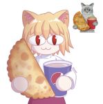  &lt;|&gt;_&lt;|&gt; 1girl :3 animal_ear_fluff animal_ears blonde_hair cat_ears cat_girl closed_mouth cowboy_shot cup disposable_cup food food_request hashtag_only_commentary highres holding holding_cup holding_food looking_at_viewer meowmei neco-arc pepsi pilk purple_skirt red_eyes reference_inset shirt simple_background skirt smile solo straight-on tsukihime white_background white_shirt 