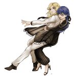  1boy 1girl blonde_hair blue_eyes blue_hair dress eto_384 formal gundam gundam_seed gundam_seed_freedom high_heels highres hug hug_from_behind ingrid_tradoll long_hair long_sleeves open_mouth orange_eyes orphee_lam_tao smile suit 