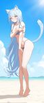  1girl animal_ear_fluff animal_ears bare_arms bare_legs bare_shoulders barefoot bikini blue_hair blue_sky breasts cat_ears cat_girl cat_tail cloud day feet full_body halterneck highleg highleg_bikini highres kurt_bestor large_breasts light_blue_hair light_blush light_rays long_hair looking_at_viewer mountainous_horizon o-ring o-ring_bikini o-ring_top ocean original outdoors parted_lips sand shadow shore simple_bird sky solo standing string_bikini striped_bikini striped_clothes sunbeam sunlight sweat swimsuit tail tail_raised teeth tiptoes toes underboob v-shaped_eyebrows very_long_hair water yellow_eyes 