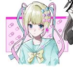  1girl blonde_hair blue_bow blue_eyes blue_hair blue_shirt blunt_bangs bow chouzetsusaikawa_tenshi-chan closed_mouth commentary_request hair_bow hair_ornament heart heart_hair_ornament long_hair looking_at_viewer multicolored_hair multiple_hair_bows needy_girl_overdose oekaki outou_(outou01) pill pink_bow pink_hair purple_bow quad_tails sailor_collar shirt solo upper_body window_(computing) yellow_bow 