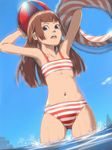  akinbo_(hyouka_fuyou) arms_up bad_id bad_pixiv_id ball beachball bikini blue_eyes brown_hair clariskrays cloud day innertube long_hair looking_at_viewer navel open_mouth phantasy_star phantasy_star_online_2 sky solo swimsuit wading water 