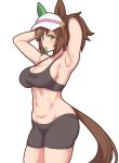  1girl absurdres animal_ears armpits arms_up black_shorts black_sports_bra breasts brown_hair cleavage commentary_request ear_covers green_eyes hair_tie hakutaqanta highres horse_ears horse_girl ines_fujin_(umamusume) large_breasts long_hair mouth_hold navel ponytail shorts sideboob simple_background single_ear_cover solo sports_bra sweat umamusume visor_cap white_background 