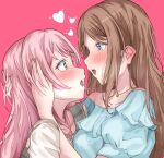 2girls after_kiss bang_dream! bang_dream!_it&#039;s_mygo!!!!! blue_dress blue_eyes blush brown_hair chihaya_anon commentary dress extreme_yuri_buta eye_contact grey_eyes hands_on_another&#039;s_head heart highres hug jewelry long_hair looking_at_another multiple_girls nagasaki_soyo necklace off-shoulder_dress off_shoulder open_mouth pink_background pink_hair saliva saliva_trail simple_background star_(symbol) star_necklace tongue upper_body yuri 