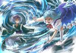  battle blue_dress blue_eyes blue_hair cirno dress duel fang folded_leg haru-kun head_fins ice japanese_clothes kimono kneehighs long_sleeves looking_at_another mermaid monster_girl multiple_girls obi open_mouth outstretched_arms outstretched_hand partially_submerged ribbon sash short_hair short_sleeves sleeves_past_wrists smile spread_arms standing standing_on_one_leg tail tail_grab touhou wakasagihime water whirlpool white_legwear wings 