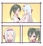  :d ^_^ closed_eyes comic commentary_request grey_hair hair_ribbon hairband japanese_clothes kantai_collection long_hair muhogame multiple_girls muneate open_mouth ribbon short_hair short_sleeves shoukaku_(kantai_collection) silent_comic smile twintails white_hair white_ribbon zuikaku_(kantai_collection) 