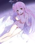  1girl bar_censor bed_sheet blood blue_archive blush breasts censored commentary_request completely_nude defloration feathered_wings feathers from_above halo highres kokekokko_coma large_breasts legs_together long_hair looking_at_viewer looking_up mika_(blue_archive) nipples nude on_bed open_mouth pink_hair shade sitting sketch smile solo sweat tears white_wings wings yellow_eyes 