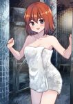  1girl :d akatsuki_miho akemiho_tabi_nikki blue_eyes blush bob_cut breasts collarbone commentary curled_fingers hair_between_eyes hand_on_wall highres kouno_hikaru medium_breasts naked_towel onsen open_mouth red_hair short_hair smile solo standing tile_wall tiles towel w_arms white_towel 