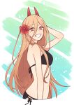  +_+ 1girl arm_up bare_shoulders bikini black_bikini breasts chainsaw_man flower grin hair_between_eyes hair_flower hair_ornament hand_in_own_hair hibiscus highres horns long_hair looking_at_viewer nm222hz orange_eyes orange_hair power_(chainsaw_man) small_breasts smile solo string_bikini swimsuit twitter_username upper_body watermark 