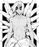  1boy alternate_form bone closed_mouth collarbone facial_mark greyscale kaguya_kimimaro male_focus medium_hair metric80019 monochrome monster_boy naruto naruto_(series) navel ninja parted_bangs ribs skeletal_wings skinny solo standing topless_male wings 