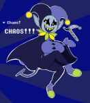 2018 big_breasts black_sclera blue_tongue bottomwear breasts cloak clothing crossgender darkner deltarune digital_media_(artwork) elfdrago english_text exclamation_point female fool&#039;s_hat footwear gloves handwear hat headgear headwear hi_res humanoid humanoid_pointy_ears imp jester jevil_(deltarune) melee_weapon mtf_crossgender outline polearm purple_bottomwear purple_cloak purple_clothing purple_footwear purple_gloves purple_handwear purple_shirt purple_shoes purple_topwear scythe shirt shoes simple_background solo tail teeth text tongue topwear undertale_(series) weapon white_outline yellow_eyes yellow_teeth