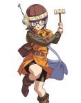  1girl bag belt belt_buckle bike_shorts black_shorts blue_eyes blunt_bangs boots brown_footwear brown_shirt brown_socks buckle chrono_trigger foot_out_of_frame foot_up glasses hammer helmet holding holding_hammer hosodayo long_sleeves looking_to_the_side lucca_ashtear open_mouth orange_tunic purple_hair shirt short_hair shorts shoulder_bag socks solo suspenders white_background 