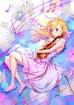  barefoot beamed_eighth_notes blonde_hair eighth_note instrument long_hair long_skirt looking_at_viewer lying messy_hair miyazono_kawori musical_note on_side paper parted_lips purple_eyes quarter_note sheet_music shigatsu_wa_kimi_no_uso skirt sogdin solo violin white_skirt 