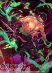  1boy abs bandana black_bandana commentary_request english_text eye_trail green_hair holding holding_weapon katana light_trail male_focus mixed-language_commentary mouth_hold nijimaarc official_art one_eye_closed one_piece roronoa_zoro scar scar_across_eye scar_on_chest scar_on_face short_hair solo sword teeth topless_male translation_request triple_wielding weapon 