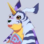 animal_skin anthro bandai_namco belly belly_markings blep brown_eyes digimon digimon_(species) fur gabumon hi_res horn male markings melancholydrmr solo striped_body striped_fur stripes tongue tongue_out