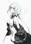  1girl android black_jacket breasts chest_belt dress highres jacket long_hair long_sleeves low_ponytail mecha neco noir_(synduality) off_shoulder open_clothes open_jacket red_eyes robot science_fiction shirt sleeveless sleeveless_dress solo synduality white_hair 