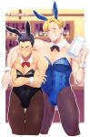  2boys animal_ears ao_isami arm_around_shoulder artist_request black_hair black_leotard blonde_hair bulge couple covering_chest covering_privates crossdressing detached_collar facial_hair fake_animal_ears grin highres legs_together leotard lewis_smith male_focus male_playboy_bunny medium_sideburns multiple_boys pantyhose pectoral_cleavage pectoral_squeeze pectorals rabbit_ears rabbit_tail sideburns_stubble skin_tight smile strapless strapless_leotard stubble tail thick_eyebrows thick_thighs thighs toned toned_male wrist_cuffs yaoi yuuki_bakuhatsu_bang_bravern 