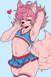 anthro bulge butt canid canine cheerleader_outfit clothed clothing digital_media_(artwork) fokkuzu footwear fox girly hair hair_over_eyes heart_symbol legwear male mammal pink_body pink_hair sawyer_(fokkuzu) simple_background smile socks solo tail thigh_highs thigh_socks