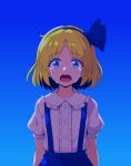  1girl absurdres alice_margatroid alice_margatroid_(pc-98) blonde_hair blue_background blue_eyes blue_hairband blue_ribbon blue_skirt buttons center_frills commentary_request crying crying_with_eyes_open eyelashes frilled_shirt frills gradient_background hairband highres looking_at_viewer open_mouth puffy_short_sleeves puffy_sleeves ribbon shirt short_hair short_sleeves skirt solo ssaf52913778 suspender_skirt suspenders tears touhou touhou_(pc-98) upper_body white_shirt 