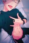  1boy abs bed_sheet black_pants black_shirt bulge clothes_lift ear_piercing from_above head_on_pillow head_tilt highres idolish7 jewelry looking_at_viewer lying male_focus momo_(idolish7) multicolored_hair navel on_back on_bed pants parted_lips piercing pink_eyes re:vale ring rinunu selfie shadow shirt shirt_lift short_hair sleeves_rolled_up smirk solo streaked_hair sunlight teeth tongue tongue_out track_pants upper_body watch white_hair wristwatch 