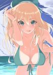  :p atago_(kantai_collection) bikini blonde_hair blue_eyes breasts cleavage hat huge_breasts kantai_collection leaning leaning_forward long_hair looking_at_viewer sensen solo swimsuit tongue tongue_out 