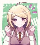  1girl ahoge akamatsu_kaede breasts brown_necktie clenched_hands closed_mouth collared_shirt danganronpa_(series) danganronpa_v3:_killing_harmony green_background hair_ornament hands_up highres large_breasts looking_at_viewer musical_note musical_note_hair_ornament necktie notice_lines pink_eyes shirt smile toyatopa upper_body white_background white_shirt 