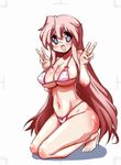  :d bad_id bad_pixiv_id barefoot bikini blush breasts covered_nipples double_v full_body glasses highres large_breasts long_hair looking_at_viewer lucky_star mizushima_(p201112) open_mouth pink_hair purple_eyes simple_background smile solo swimsuit takara_miyuki trim_marks v very_long_hair 