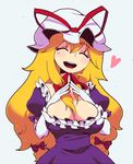  :d ^_^ blonde_hair bow breast_suppress breasts cleavage closed_eyes commentary dress elbow_gloves facing_viewer gloves hair_ribbon hat heart large_breasts long_hair mob_cap mzh open_mouth ribbon smile solo touhou tress_ribbon upper_body very_long_hair wavy_hair white_gloves yakumo_yukari 